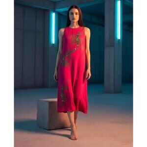 Crazy Fish Women's Sleeveless Magenta Dress With Green Leaf Print Relaxed Fit